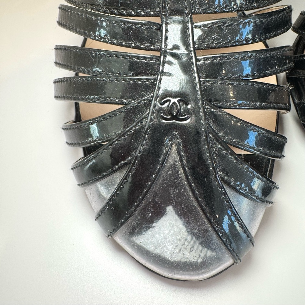 Chanel Black Patent Leather & Clear PVC Cage Block Heel Pumps W CC Logo, Sz 38 - Picture 8 of 13